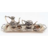 Modern silver miniature dolls house five piece tea service upon tray, maker AM & Co, Birmingham