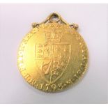 1793 shield guinea coin, mounted to wear as a pendant, weight overall 8.8g approx.