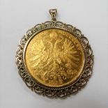 A 1915 100 corona coin within yellow metal mount, weight 41.4g approx