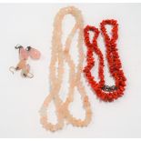 Stick coral necklace together with a rose quartz necklace & two pairs of rose quartz earrings