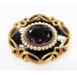 Victorian gold large mourning brooch, amethyst & pearl set & with black enamel, the back with oval