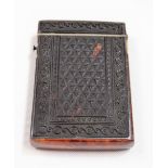 19th Century engraved tortoiseshell rectangular card case with pink velvet interior, length 8cm