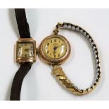 One ladies 9ct gold cased wristwatch, another plated watch with a circular dial converted from