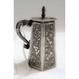 Chinese silver hexagonal section hinge lidded condiment pot with dragon handle, foliate scroll