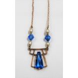 9ct gold blue stone & pearl Art Deco style pendant necklace, weight 2.6g approx