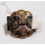 19th Century yellow metal black enamel & pearl set circular brooch inset with a rectangular panel of