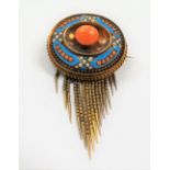 Good Victorian gold pale blue enamel coral & seed pearl set brooch with glazed back & with gold link