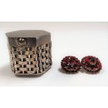 Mexican silver hinge lidded hexagonal section basket box; together with a base gilded metal garnet