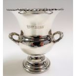 Modern silver miniature twin handled pedestal vase with gadrooned rim, maker David Hollander &