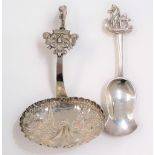 Berthold Muller silver caddy spoon with ship finial; together with a continental silver caddy