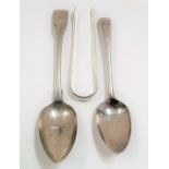 Two Georgian silver table spoons together with a pair of sugar tongs by P & W Bateman, London