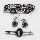 Silver amethyst & marcasite link bracelet, stamped silver; together with a pair of silver amethyst