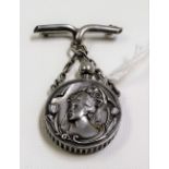 Edwardian silver Art Nouveau design double-sided scent bottle with suspension chain & pin brooch,