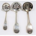 Victorian silver fiddle pattern sauce ladle and sifter spoon, maker JS, Exeter 1852 & 1854; together