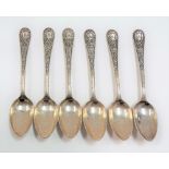 Set of six Scottish silver tea spoons with cast foliate scroll & strapwork handles, Glasgow 1885,