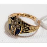 Victorian 15ct gold blue enamel seed pearl set ring, weight 2.3g approx.