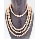 Extremely long blister pearl bead necklace with 14k pearl set clasp, length 198cm.