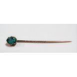 Gold blue opal stick pin, the oval blue, green & orange flash opal of 1ct spread approx, weight 1.4g