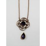 9ct gold amethyst & seed pearl pendant necklace, the openwork pendant with a cut amethyst & four