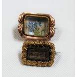 19th Century yellow metal small mourning brooch with glazed hair panel; together with another yellow