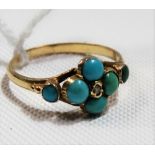 19th Century gold diamond chip & turquoise set ring, weight 1.9g approx