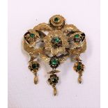 19th Century yellow metal green paste set openwork floral brooch, weight 6g approx.