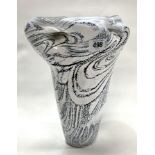 A Peter Layton studio glass vase with white and blue dripped and mottled flecks,
