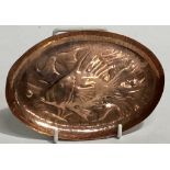 Newlyn copper oval dish embossed with a fish stamped 'NEWLYN', width 15.5cm.
