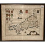 18th Century hand coloured copper engraved map of Cornwall, 49.5cm x 50cm.