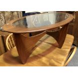 Mid-Century G-plan 'Astro' oval glass top coffee table, width 122cm.