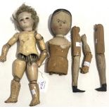 19th Century painted pine peg doll with detached legs and arm (one arm missing), height 37cm approx;