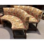 Pair of early 20th Century oak framed upholstered bowed settles, width 160cm.