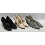 Three pairs of 1940's satin ladies shoes in pale blue, ivory & black, the black pair by The Hana