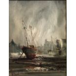 JOHN BAMPFIELD (b. 1947) Stormy Harbour at Low Tide Oil on canvas Signed 39 x 29.5cm