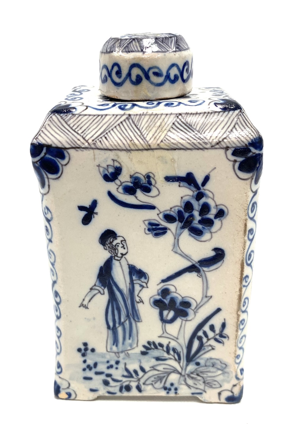 An 18th century Dutch blue and white Delft square section tea caddy, chinoiserie decorated, - Image 3 of 5