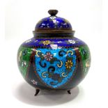 A Japanese cloisonné ovoid lidded koro, the body decorated with panels of floral scrolls and