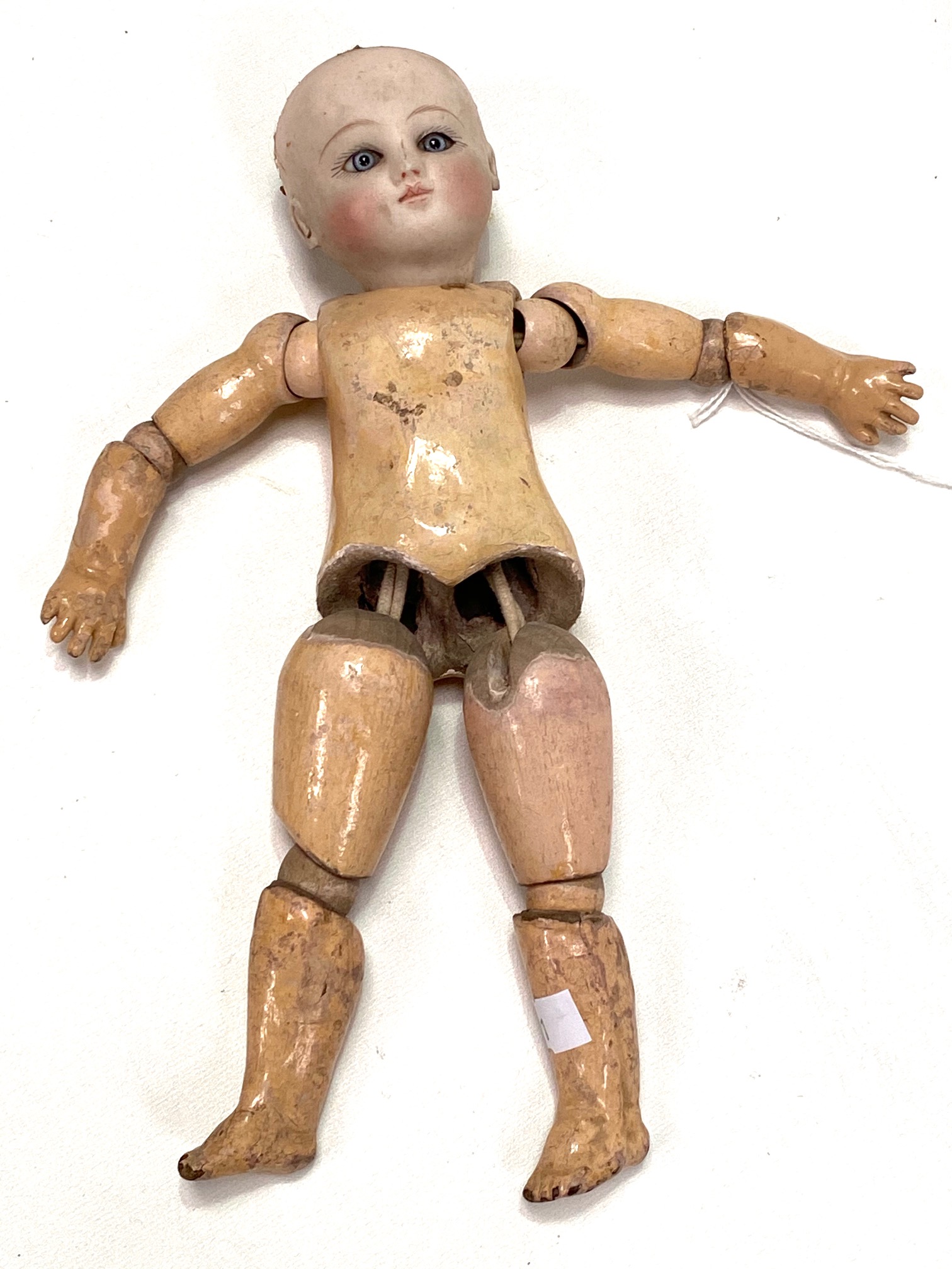 19th Century painted pine peg doll with detached legs and arm (one arm missing), height 37cm approx; - Image 2 of 18