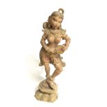Good antique Indian polychrome painted wooden figure of a dancer upon plinth, height 86cm.