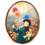 R AYRE (20th Century British) 1930's illustration of a girl with balloons and teddy bear. Oval