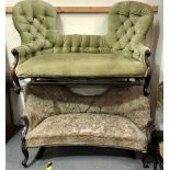 Two Victorian button back upholstered double ended settees, both with cabriole legs (both in need of