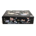 Chinese black lacquer and mother of pearl inlaid hinge lidded box, decorated with an eagle under a