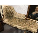 Victorian walnut framed button-back upholstered chaise longue with scroll carved arm & cabriole