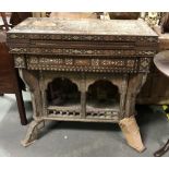 Damascan inlaid card table, in need of restoration, the swivel top hinged to reveal a baize inset