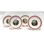 A set of four 19th century landscape painted plates with pink ground and lobed rims with gilt
