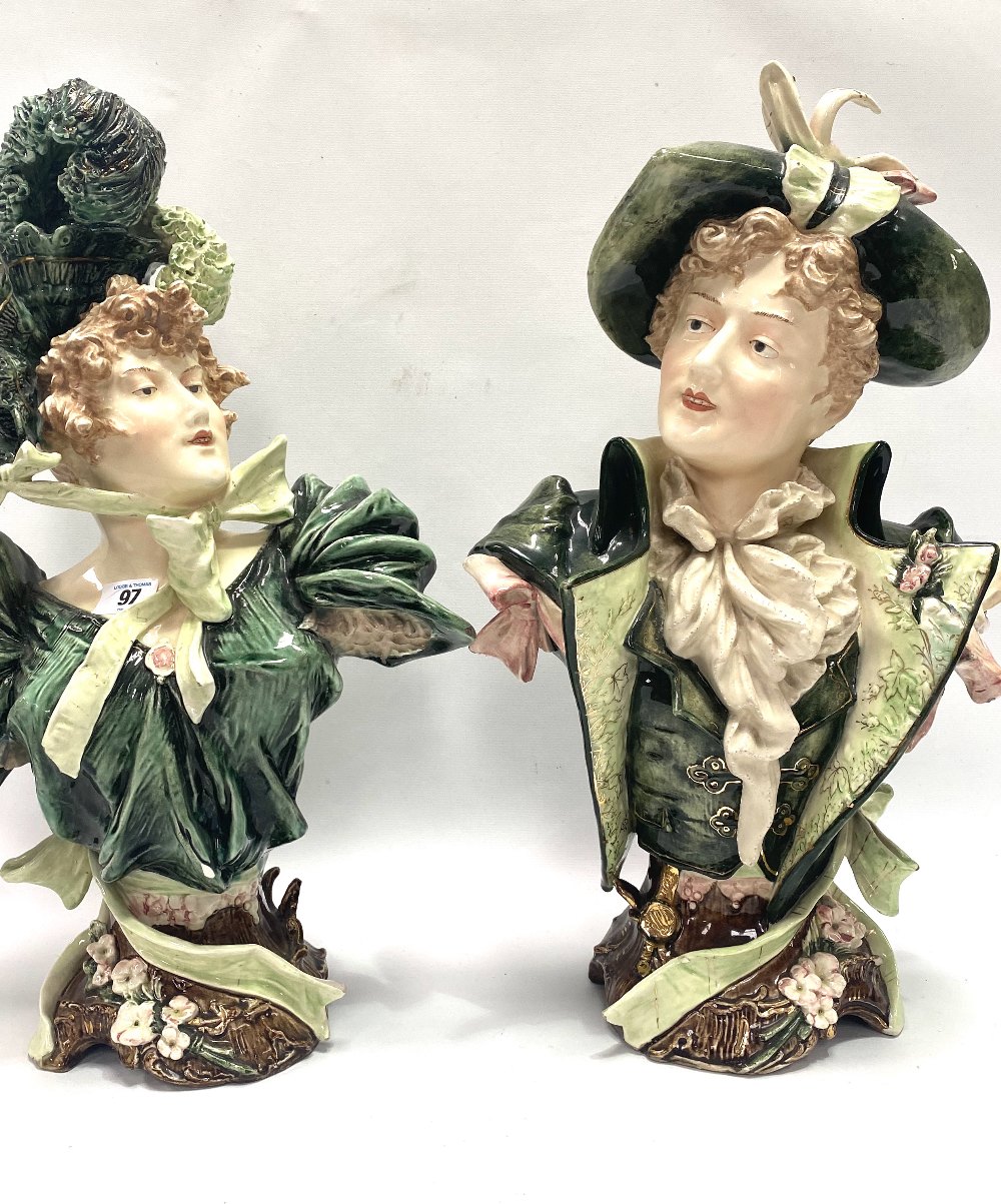 A pair of large German pottery busts modelled as a lady and gallant, the backs impressed W 2053 &