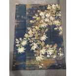 Chinese blue silk and gold embroidered floral panel, 92 x 65cm.