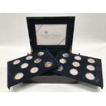 Royal Mint cased silver proof commemorative crown set, the hinged box containing seventeen silver