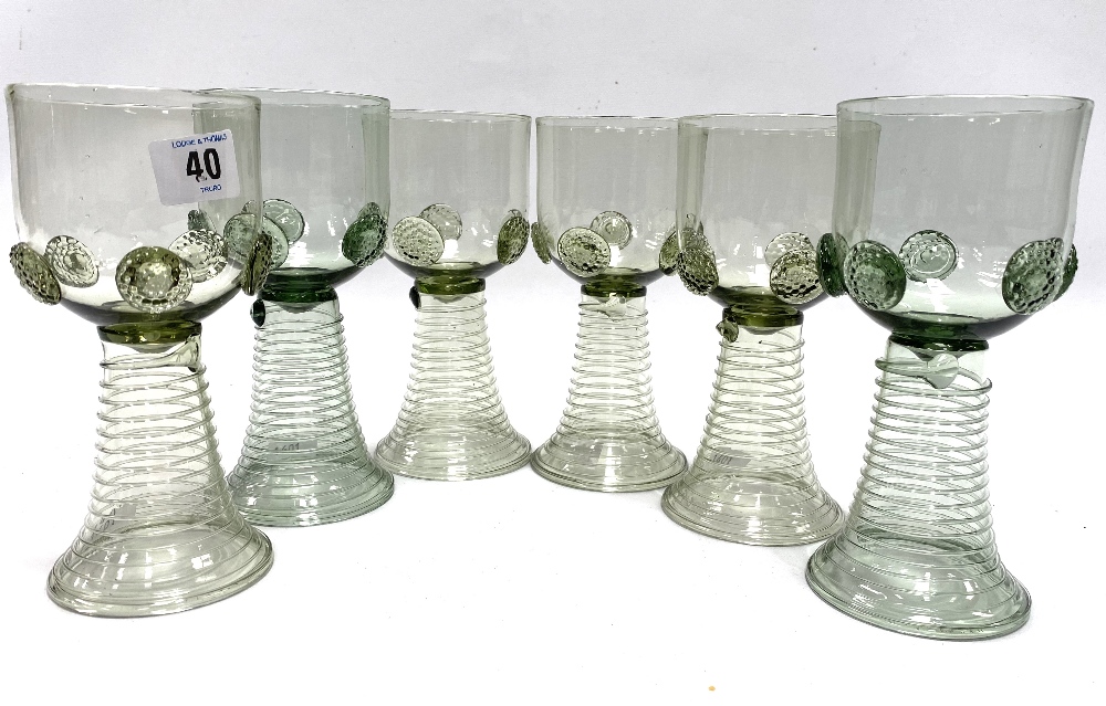 A set of six German green glass roemers, each applied to the bowl with five prunts, signed to the