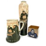 Three Royal Doulton Friars Seriesware pieces, including a tall cylindrical vase, a mug and a pot (