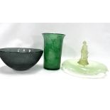 A Davidson cloud glass, green vase, height 20cm; together with a Walter glass bowl with Dutch girl